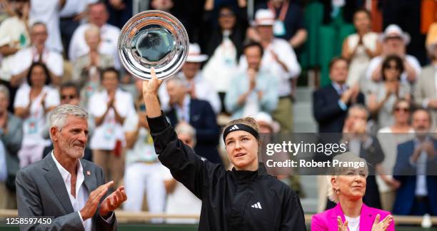 Karolina Muchova of the Czech Republic during the trophy ceremony after she lost to Iga Swiatek of Poland in the Women's singles final on Day...