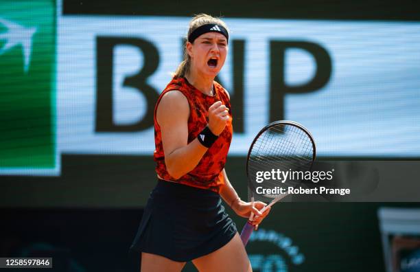 Karolina Muchova of the Czech Republic in action against Iga Swiatek of Poland in the Women's singles final on Day Fourteen of Roland Garros on June...