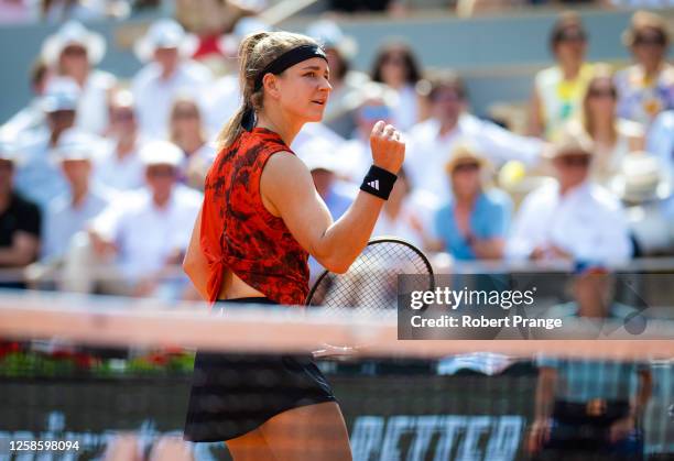 Karolina Muchova of the Czech Republic in action against Iga Swiatek of Poland in the Women's singles final on Day Fourteen of Roland Garros on June...