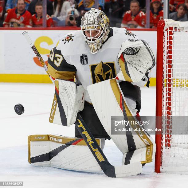 Goaltender Adin Hill of the Vegas Golden Knights defends the net during first period action against the Florida Panthers in Game Four of the 2023...