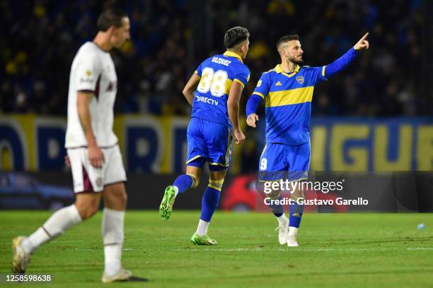 Dario Benedetto of Boca Juniors celebrates after scoring the team's first goal during a Liga Profesional 2023 match between Boca Juniors and Lanus at...