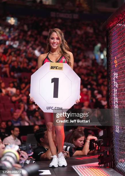 Octagon Girl Brittney Palmer shows the round during the UFC 289 event at Rogers Arena on June 10, 2023 in Vancouver, Canada.