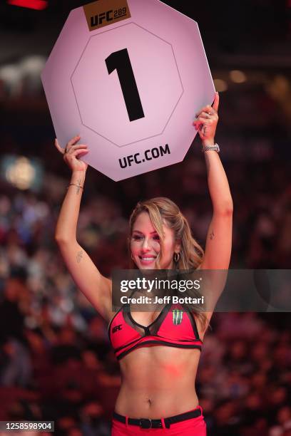 Octagon Girl Brittney Palmer shows the round during the UFC 289 event at Rogers Arena on June 10, 2023 in Vancouver, Canada.