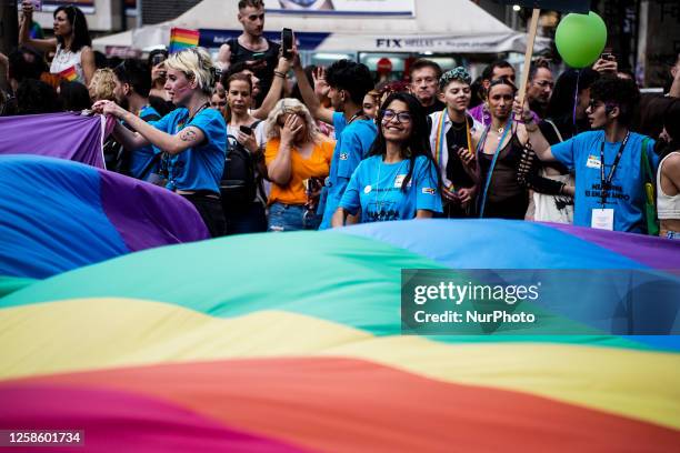 People during the Athens Pride parade in Athens, on June 10, 2023.