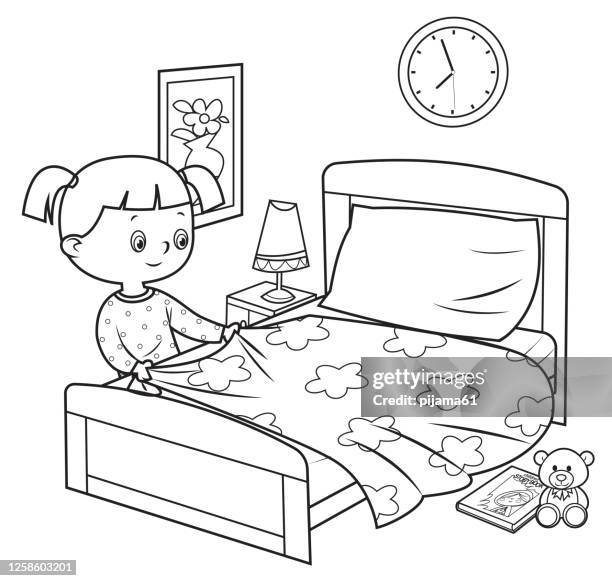 black and white, girl making bed - tidy room stock illustrations