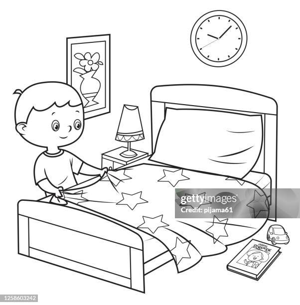 schwarz und weiß, kind machen bett - bett machen stock-grafiken, -clipart, -cartoons und -symbole