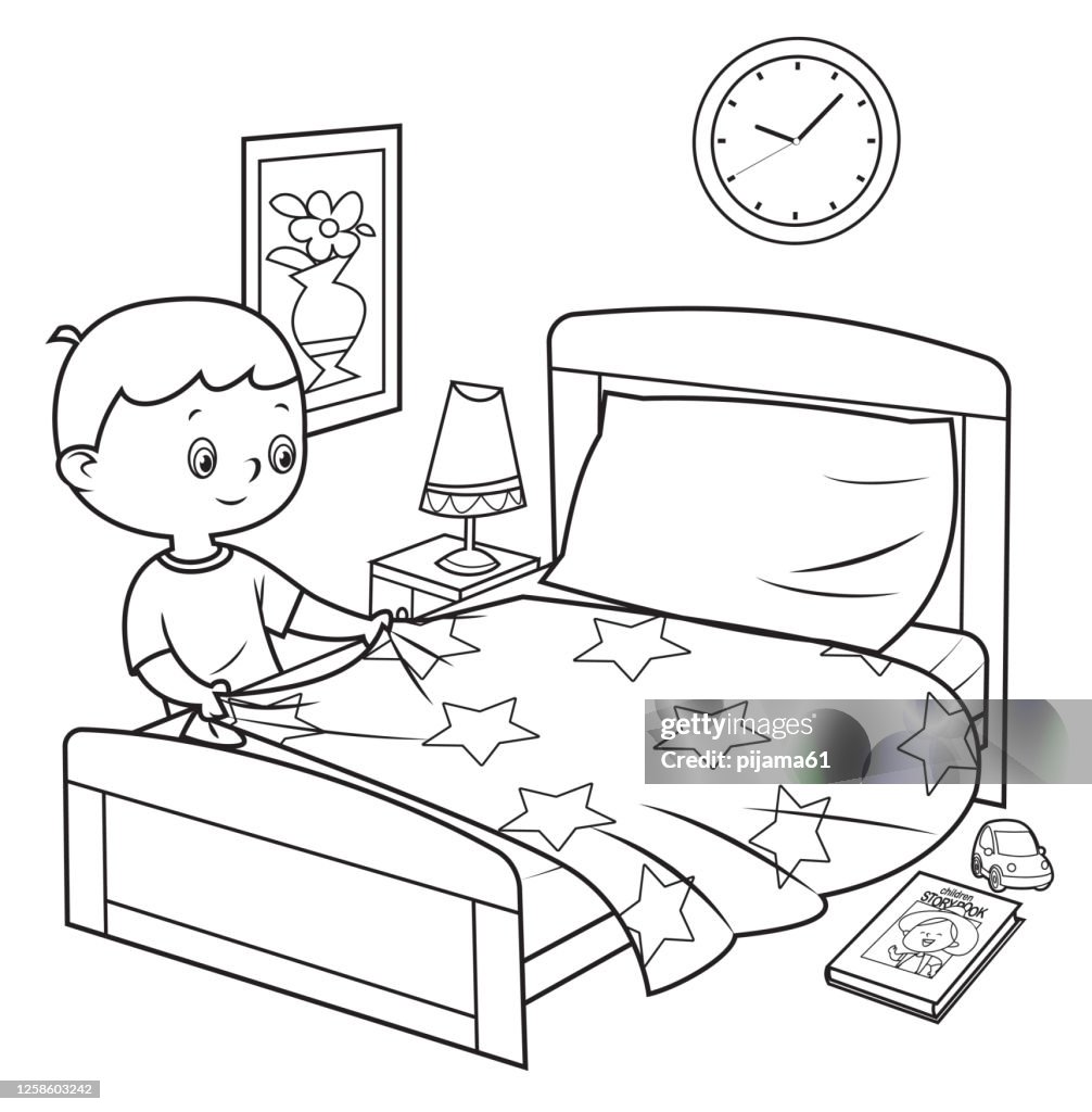 Black And White Child Making Bed High-Res Vector Graphic - Getty Images