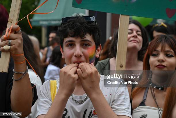 Participant of Pride Parade in Athens, Greece on June 10, 2023. Thousands march in Athens Pride Parade 2023 with the motto 'Once upon a time... I...