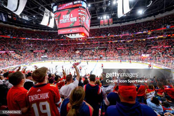 General view of the fans waving towels in the arena before the start of Game Four of the NHL Stanley Cup Final between the Vegas Golden Knights and...