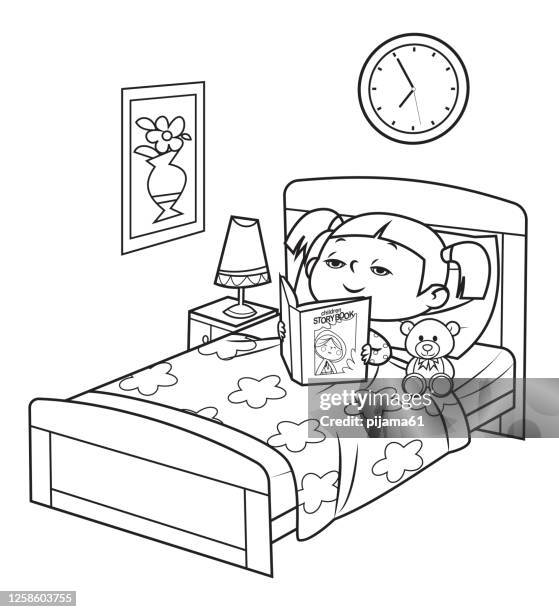 ilustrações, clipart, desenhos animados e ícones de preto e branco, garota lendo livro na cama - preto e branco