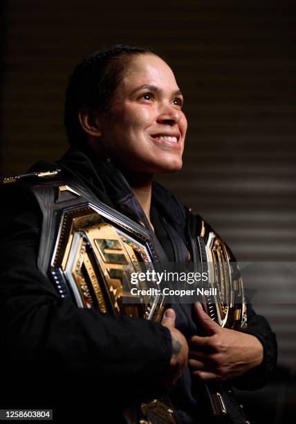 Amanda Nunes of Brazil poses for a post fight portrait backstage during the UFC 289 event at Rogers Arena on June 10, 2023 in Vancouver, Canada.