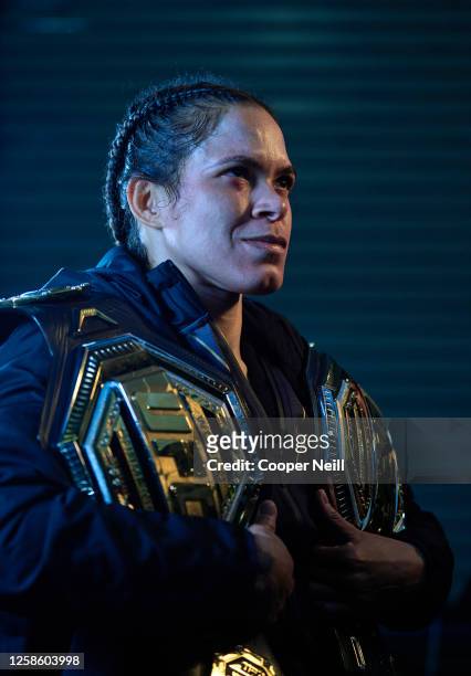 Amanda Nunes of Brazil poses for a post fight portrait backstage during the UFC 289 event at Rogers Arena on June 10, 2023 in Vancouver, Canada.