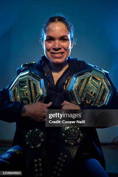 Amanda Nunes of Brazil poses for a post fight portrait backstage during the UFC 289 event at Rogers Arena on June 10, 2023 in Vancouver, Canada.
