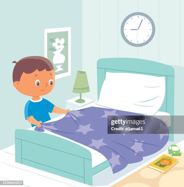 stockillustraties, clipart, cartoons en iconen met kind dat bed maakt - child's bedroom