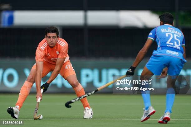 Timo Boers of the Netherlands and Raj Kumar Pal of India during the 2022/2023 FIH Hockey Pro League match between Netherlands and India at the...