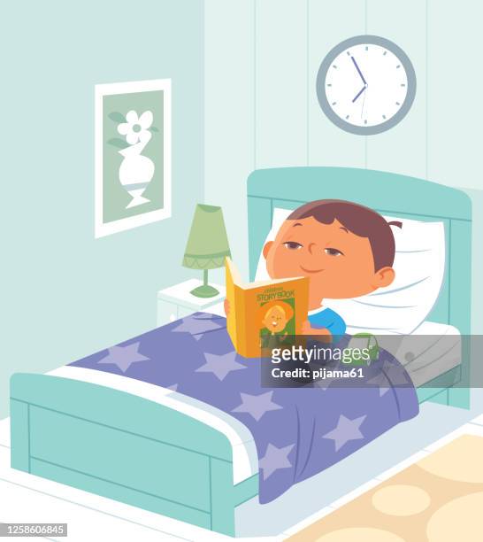 boy reading book on bed - boy reading stock illustrations