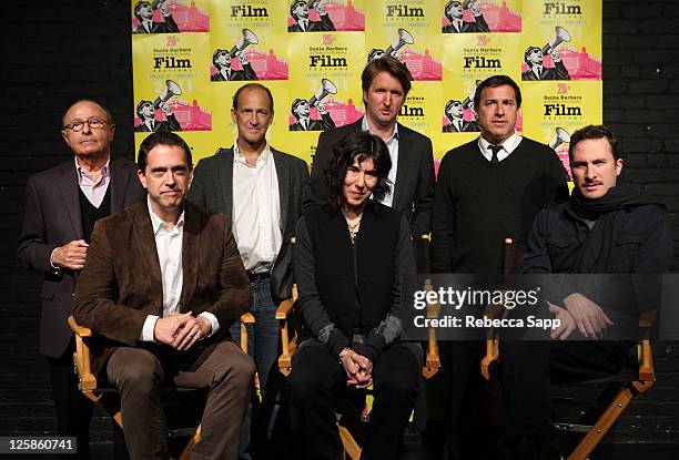 Back L-R Moderator Peter Bart, Director Charles Ferguson of Inside Job, Director Tom Hooper of The Kings Speech, Director David O. Russell of...