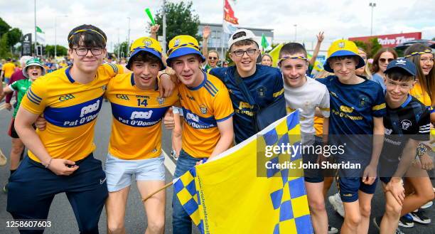 Limerick , Ireland - 11 June 2023; Clare supporters, James McMahon, from Inagh, Joe Concannon, from Ennistymon, Conor Lynch from Inagh, Cian Griffin...