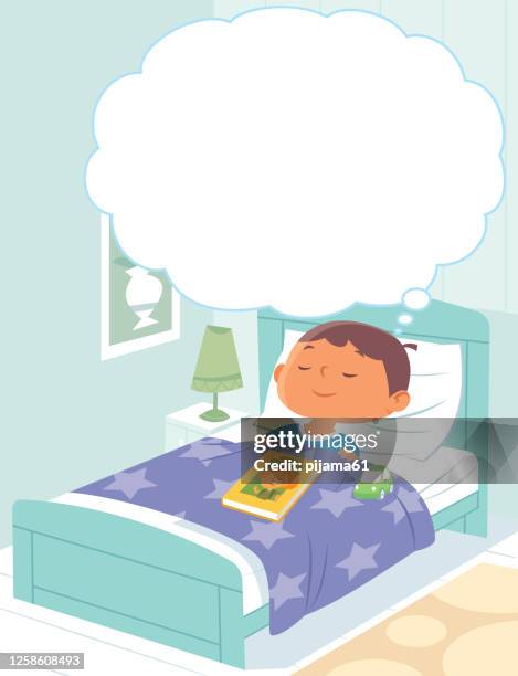 little boy dreaming in her sleep - child asleep in bedroom at night stock illustrations