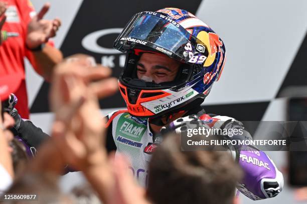 Second placed Ducati Spanish rider Jorge Martin reacts as he celebrates after the Italian MotoGP race at Mugello Circuit in Mugello, on June 11, 2023.