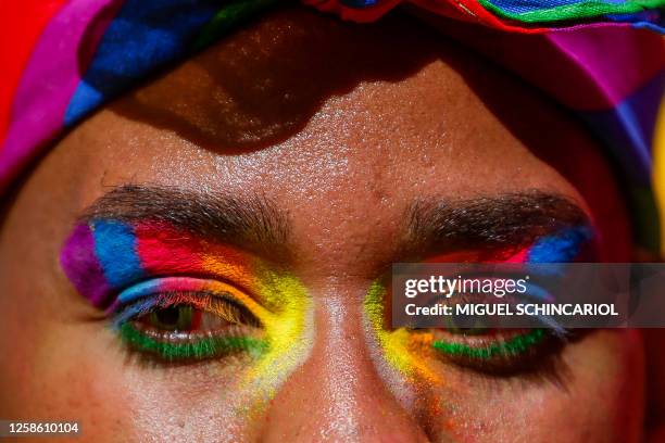 Reveler takes part in the 27th Gay Pride Parade in Sao Paulo, Brazil, on June 11, 2013.