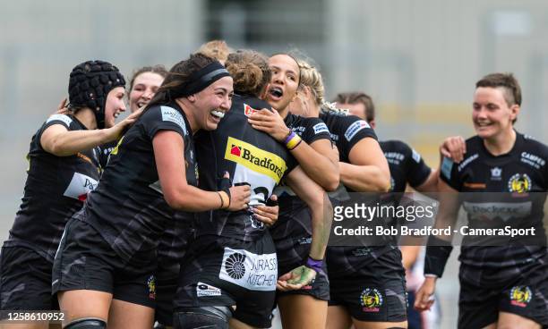 Exeter Chiefs' Kate Zackary celebrates scoring her sides first try during the Allianz Premier 15s Semi-Final match between Exeter Chiefs Women and...