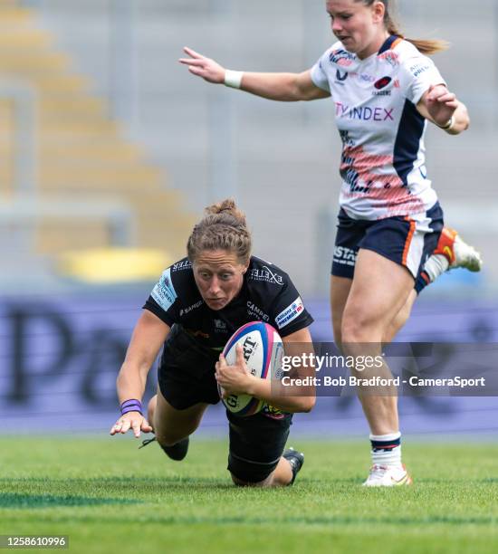 Exeter Chiefs' Kate Zackary scores her sides first try during the Allianz Premier 15s Semi-Final match between Exeter Chiefs Women and Saracens Women...