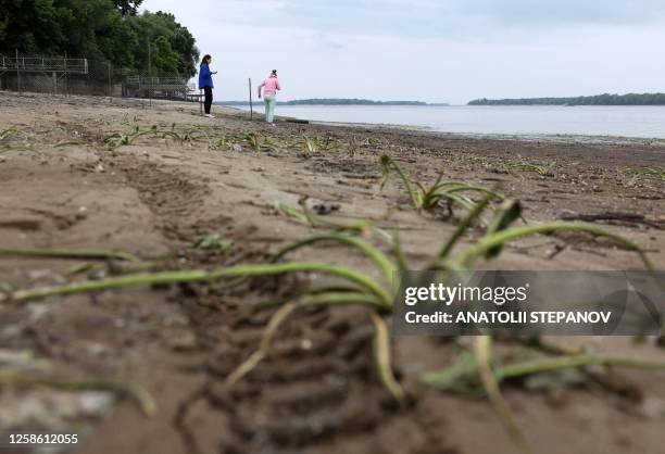 Residents use metal detectors to search the muddy banks exposed by the receding waters of the Dnipro river on the central beach of Zaporizhzhia on...