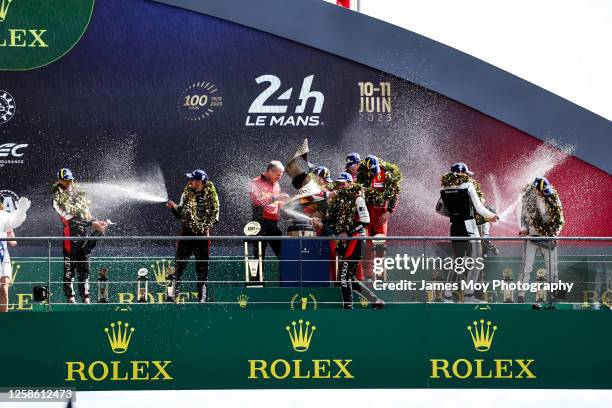 The podium: Kamui Kobayashi of Japan and Toyota Gazoo Racing Team Principal; Ryo Hirakawa of Japan, Brendon Hartley of New Zealand, Sebastien Buemi...