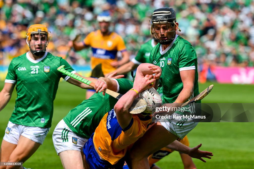 Huling Limerick Limerick , Ireland - 11 June 2023; Adam Hogan of Clare is tackled by ...