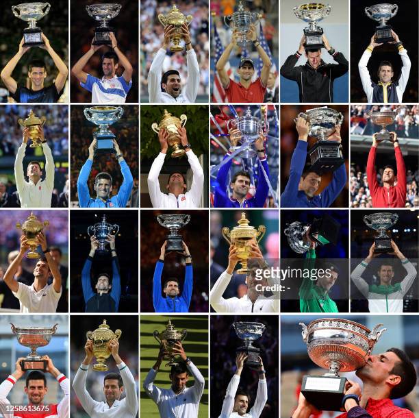 This combination photo created on June 11, 2023 shows Serbia's Novak Djokovic posing with his 23 men's singles Grand Slam titles after his victory at...