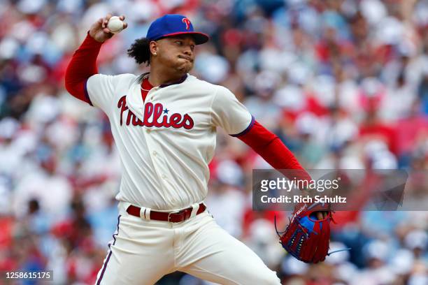 Taijuan Walker of the Philadelphia Phillies pitches against the Los Angeles Dodgers during the third inning of a game at Citizens Bank Park on June...