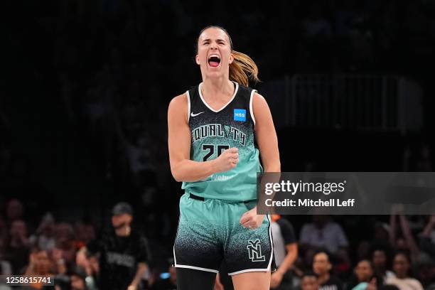 Sabrina Ionescu of the New York Liberty reacts against the Dallas Wings in the second half at Barclays Center on June 11, 2023 in the Brooklyn...