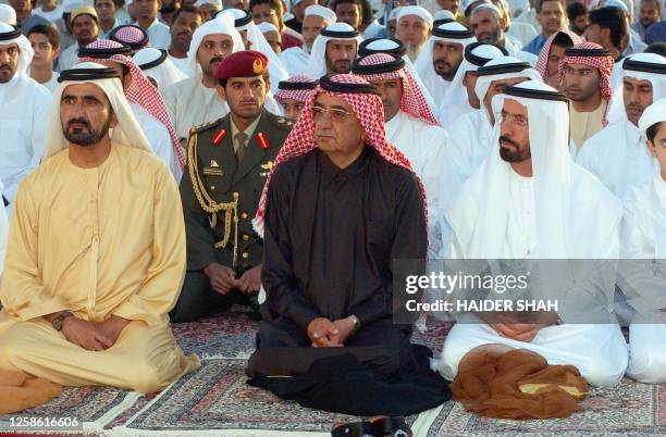 Sheikh Maktoum Bin Rashid al-Maktoum , Ruler of Dubai and Prime Minister of UAE, sits with General Sheikh Mohammed Bin Rashid al-Maktoum , Crown...