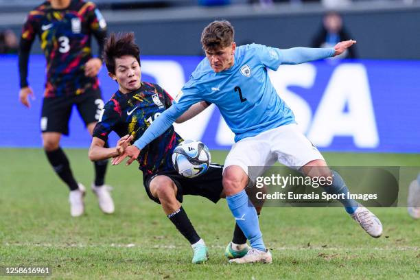 Seojoon Bae of Korea Republic is challenged by Ilay Feingold of Israel during FIFA U-20 World Cup Argentina 2023 Third Place match between Third...