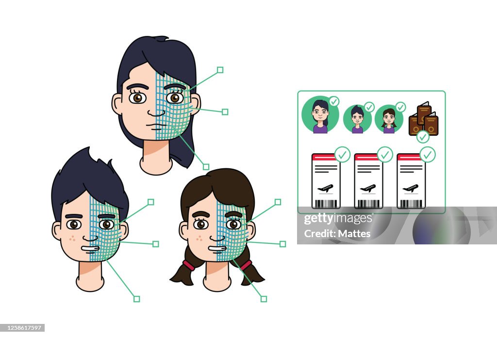 Caucasian family using facial recognition and 5G to check-in at an airport.