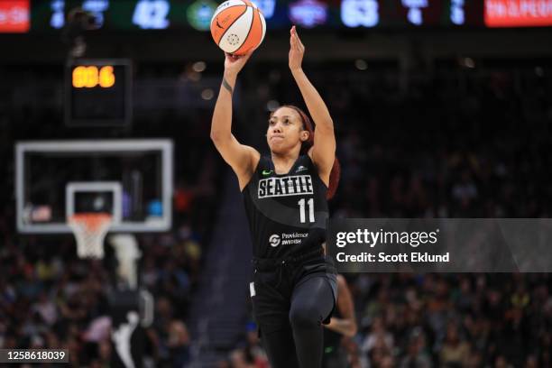 Arella Guirantes of the Seattle Storm shoots the ball during the game against the Washington Mystics on June 11, 2023 at Climate Pledge Arena in...