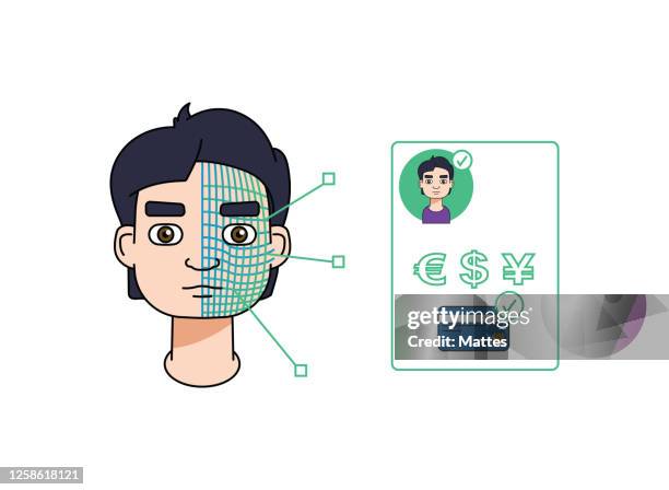 ilustraciones, imágenes clip art, dibujos animados e iconos de stock de un solo hombre caucásico usando reconocimiento facial y 5g para realizar un pago sin contacto. - sistema de reconocimiento facial