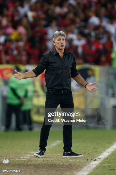 Renato Portaluppi coach of Gremio reacts during the match between Flamengo and Gremio as part of Brasileirao 2023 at Maracana Stadium on June 11,...