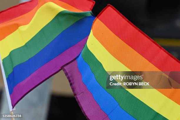 Pride flags are seen as people attend the 2023 LA Pride Parade on June 11, 2023 in Hollywood, California. The LA Pride Parade marks the last day of...