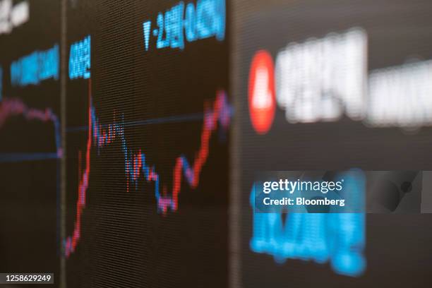 Screen displays a price chart of the Ripple cryptocurrency at the Bithumb exchange office in Seoul, South Korea, on Friday, June 9, 2023....