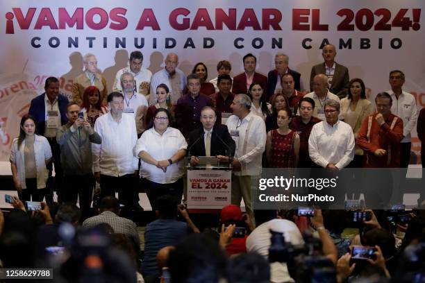 Alfonso Durazo, president of the National Council of the Morena party, heads the Morena National Council during a press conference at the Courtyard...