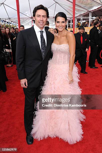 Jason Sehorn and actress Angie Harmon arrive at the TNT/TBS broadcast of the 17th Annual Screen Actors Guild Awards held at The Shrine Auditorium on...