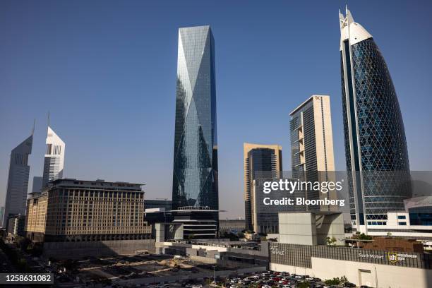 The ICD Brookfield Place office tower skyscraper development among commercial and residential properties in the Dubai International Financial Centre...