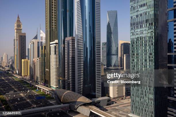 The ICD Brookfield Place office tower skyscraper development among commercial and residential properties in the Dubai International Financial Centre...