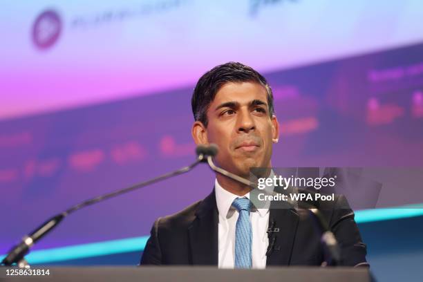 Prime Minister, Rishi Sunak speaks to the media during London Tech Week at the QEII centre on June 12, 2023 in London, England.