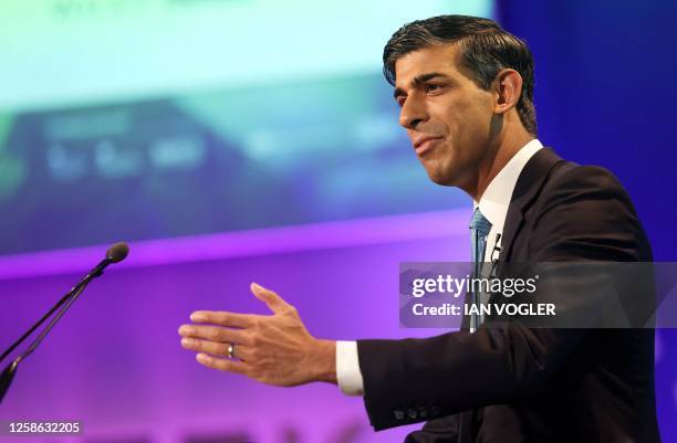 Britain's Prime Minister Rishi Sunak speaks at the opening of London Tech Week in central London on June 12, 2023.
