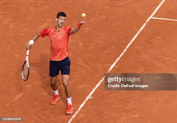 Novak Djokovic of Serbia during the Men's Singles Final match on Day Fifteen of the 2023 French Open at Roland Garros on June 11, 2023 in Paris,...