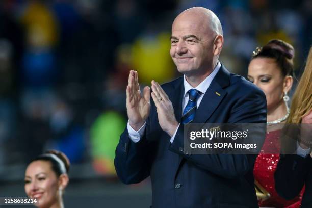 Gianni Infantino, President of FIFA celebrates the victory of Uruguay during the FIFA U-20 World Cup Argentina 2023 Final match between Italy and...