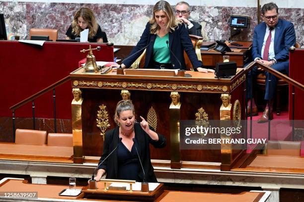 National Assembly parliamentary group President of La France Insoumise and left-wing coalition NUPES Mathilde Panot speaks in front of French...